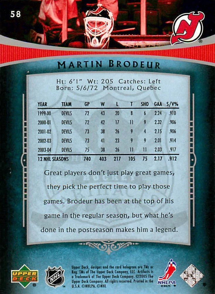 2005-06 UD Artifacts - Martin Brodeur #58