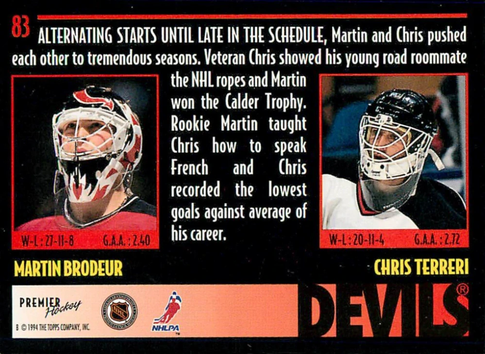 1994-95 Topps Premier - Martin Brodeur, Chris Terreri - Goaltending Duos #83