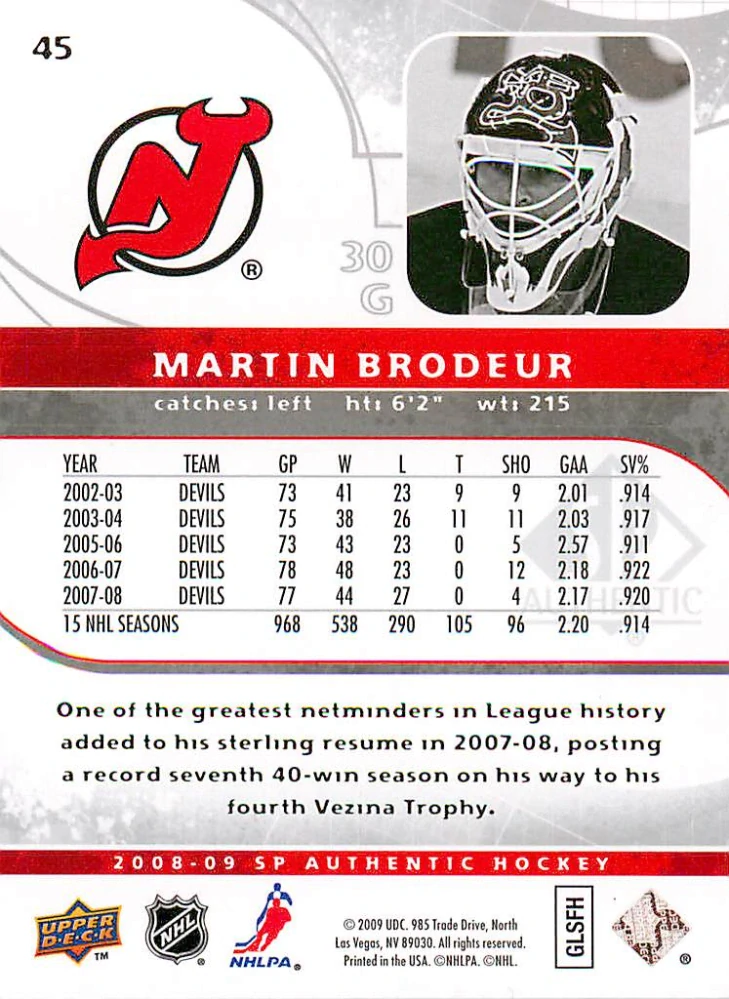 2008-09 UD SP Authentic - Martin Brodeur #45