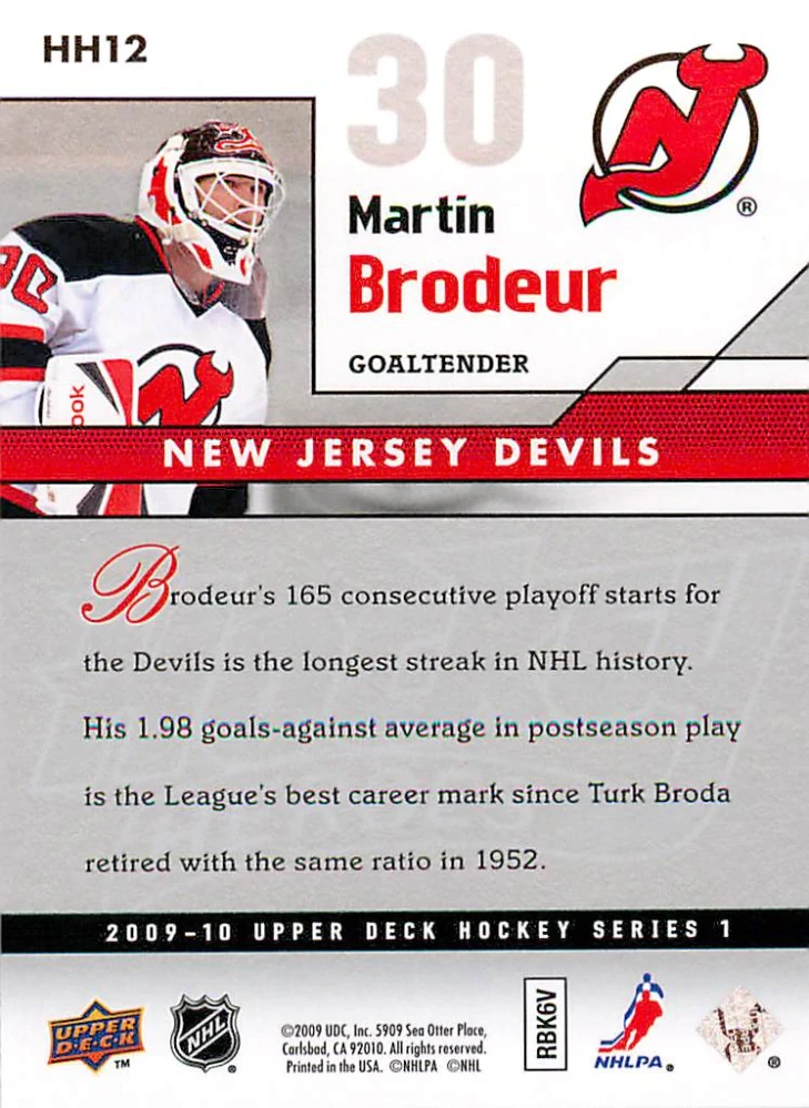 2009-10 UD Series 1 - Martin Brodeur - Hockey Heroes #HH12