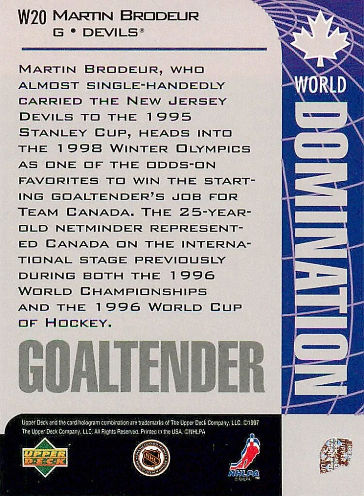 1997-98 UD Collector's Choice - Martin Brodeur - World Domination #W20