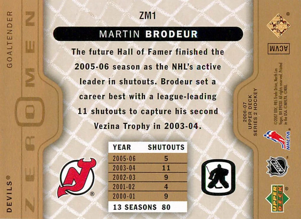 2006-07 UD Series 2 - Martin Brodeur - Zero Men #ZM1