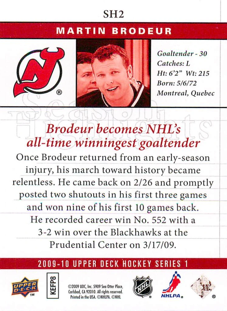 2009-10 UD Series 1 - Martin Brodeur - Season Highlights #SH2