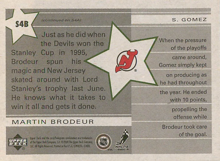 2000-01 UD Vintage - Martin Brodeur - Star Tandems #S4B