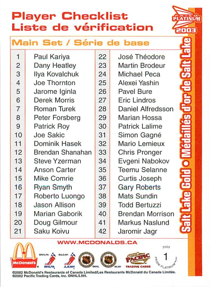 2002-03 Pacific Prism Platinum McDonald's - Martin Brodeur, Curtis Joseph, Ed Belfour - Checklist #1