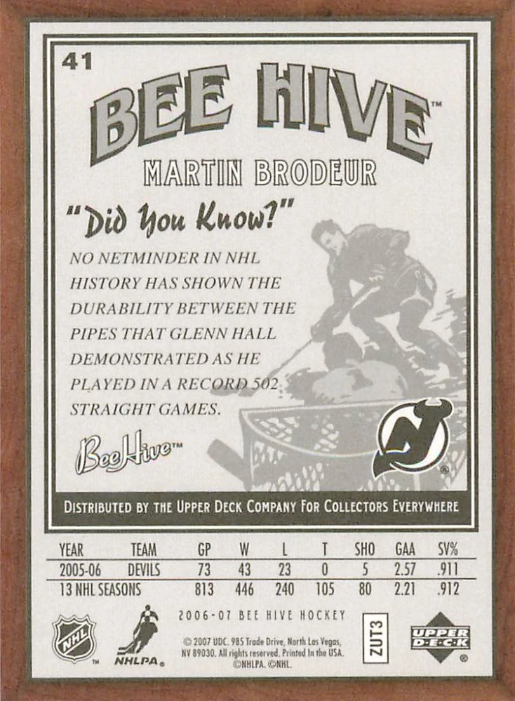 2006-07 UD Bee Hive - Martin Brodeur - Wood #41