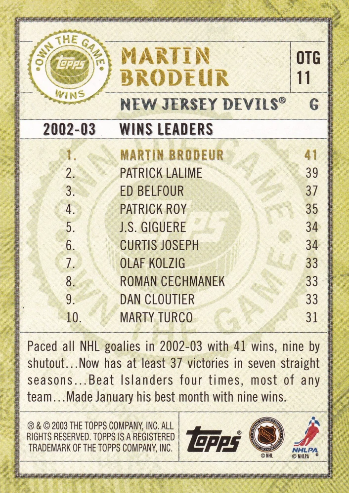 2003-04 Topps - Martin Brodeur - Own The Game #OTG11