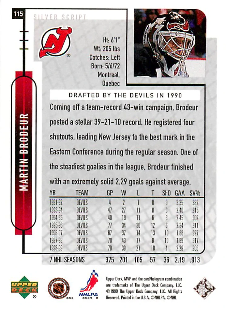 1999-00 UD MVP - Martin Brodeur - Silver Script #115