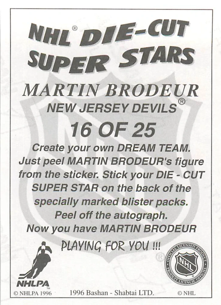 1996 Bashan Shabtai Super Sticker 96 - Martin Brodeur - Die-Cut Super Stars #16