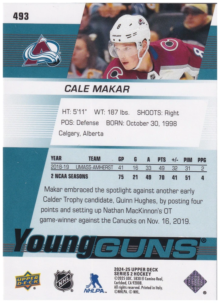 2024-25 UD Series 2 - Cale Makar - Young Guns Renewed #493