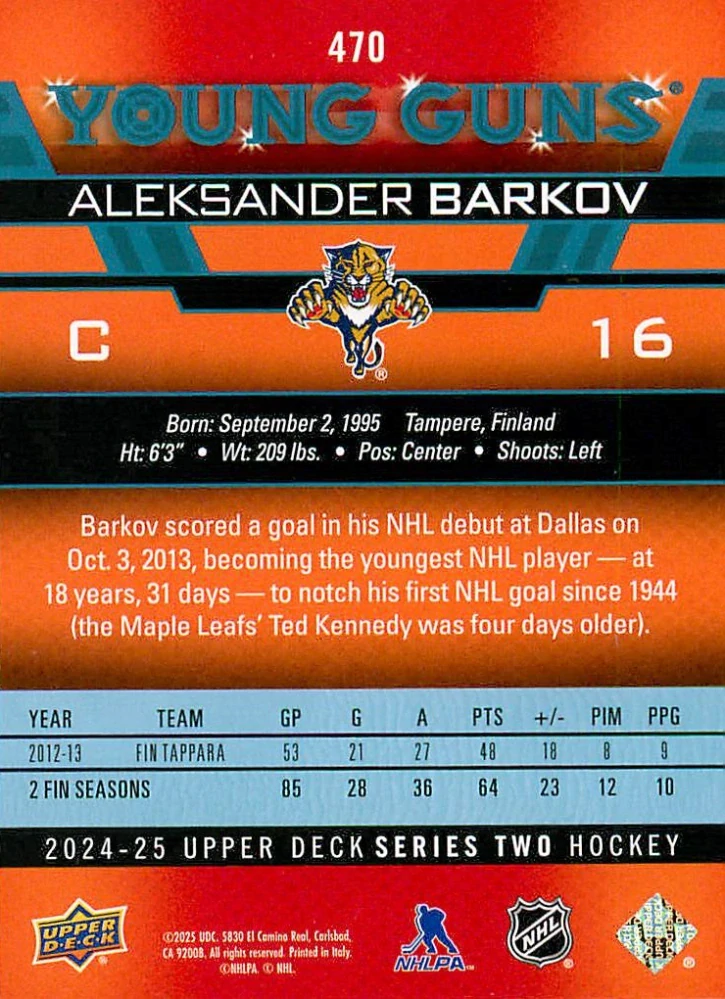 2024-25 UD Series 2 - Aleksander Barkov - Young Guns Renewed #470
