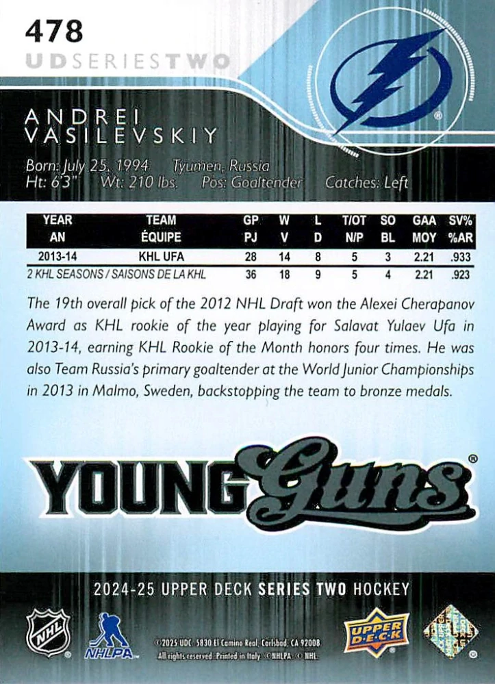 2024-25 UD Series 2 - Andrei Vasilevskiy - Young Guns Renewed #478