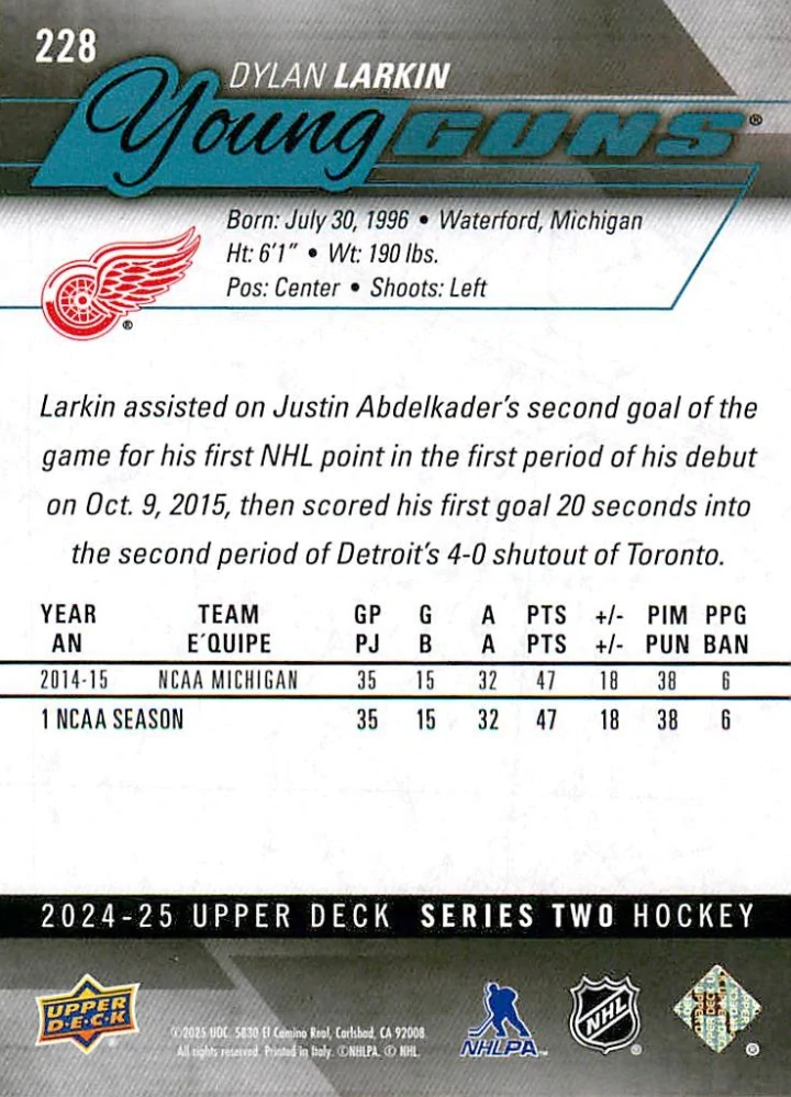 2024-25 UD Series 2 - Dylan Larkin - Young Guns Renewed #228