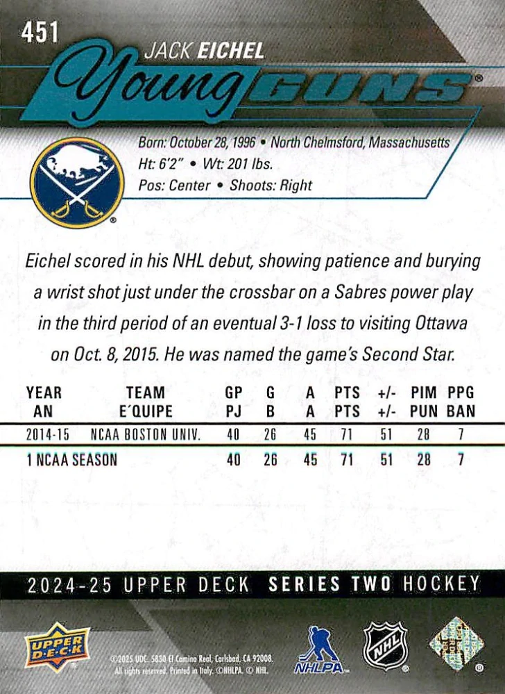 2024-25 UD Series 2 - Jack Eichel - Young Guns Renewed #451
