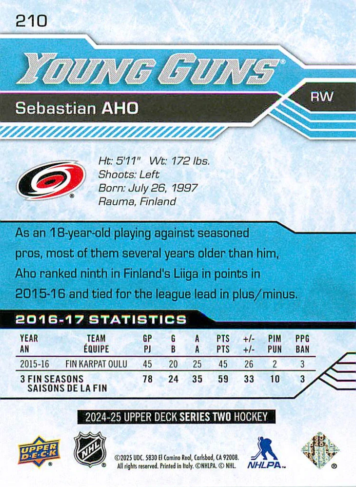 2024-25 UD Series 2 - Sebastian Aho - Young Guns Renewed #210