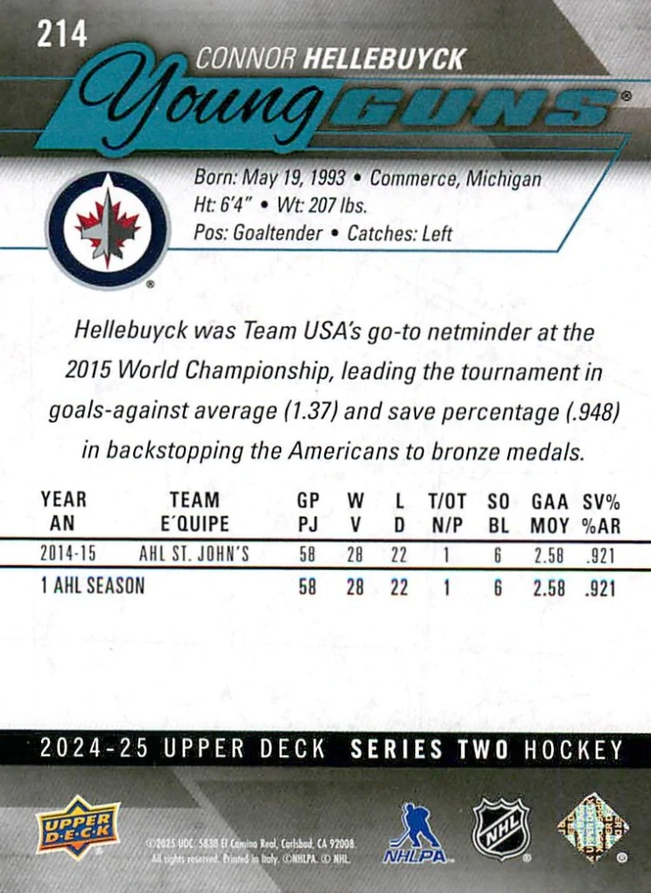 2024-25 UD Series 2 - Connor Hellebuyck - Young Guns Renewed #214