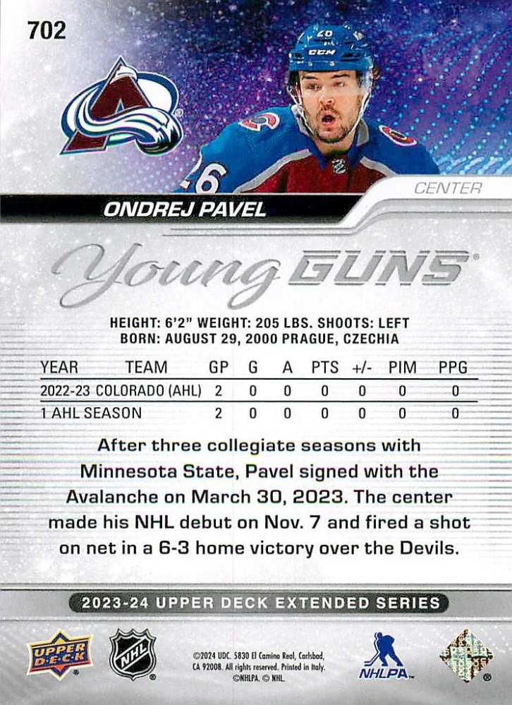 2023-24 UD Extended Series - Ondřej Pavel - Young Guns Speckled Rainbow Foil #702