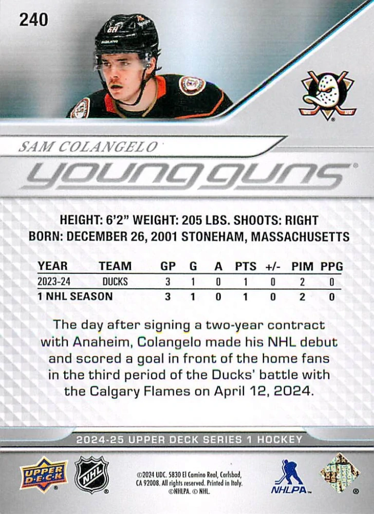 2024-25 UD Series 1 - Sam Colangelo - Young Guns #240