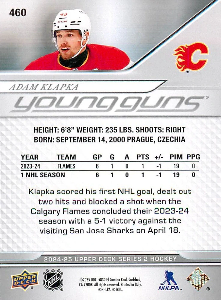 2024-25 UD Series 2 - Adam Klapka - Young Guns #460