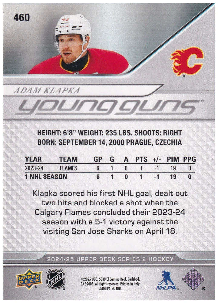 2024-25 UD Series 2 - Adam Klapka - Young Guns #460