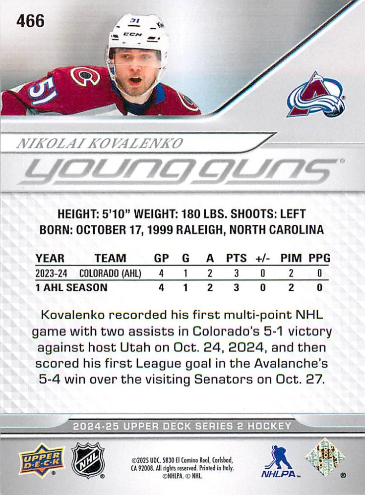 2024-25 UD Series 2 - Nikolai Kovalenko - Young Guns #466