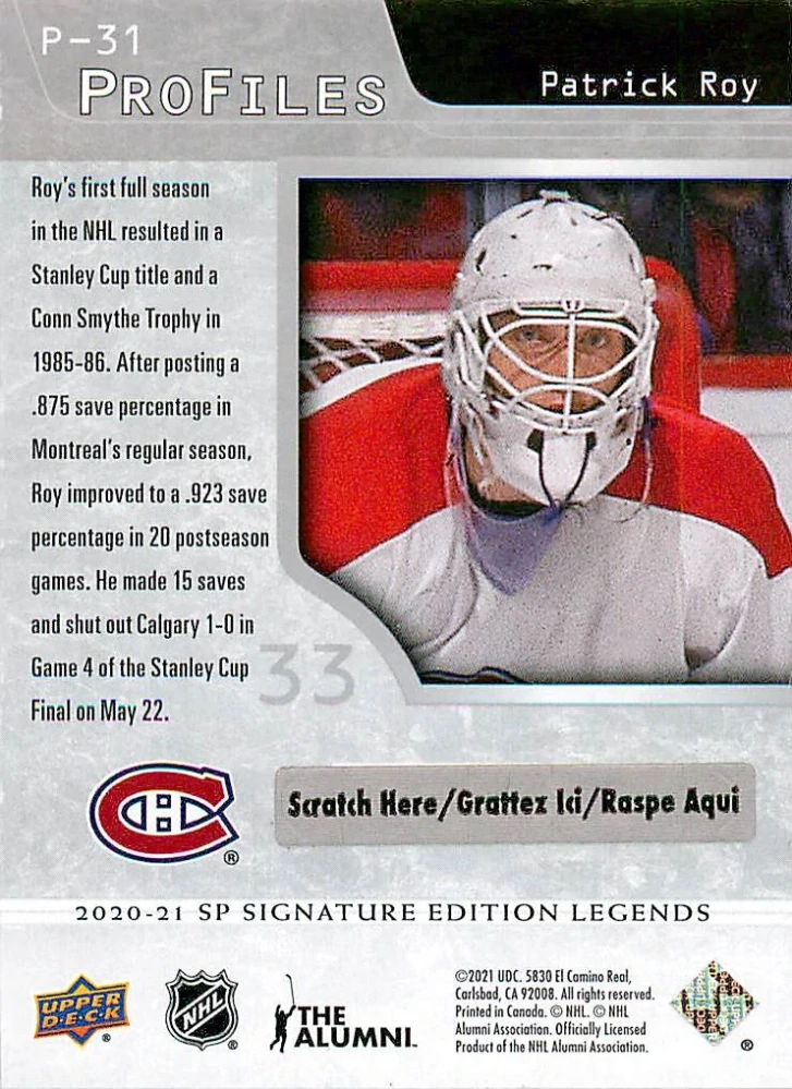 2020-21 UD SP Signature Edition Legends - Patrick Roy - Profiles #P-31