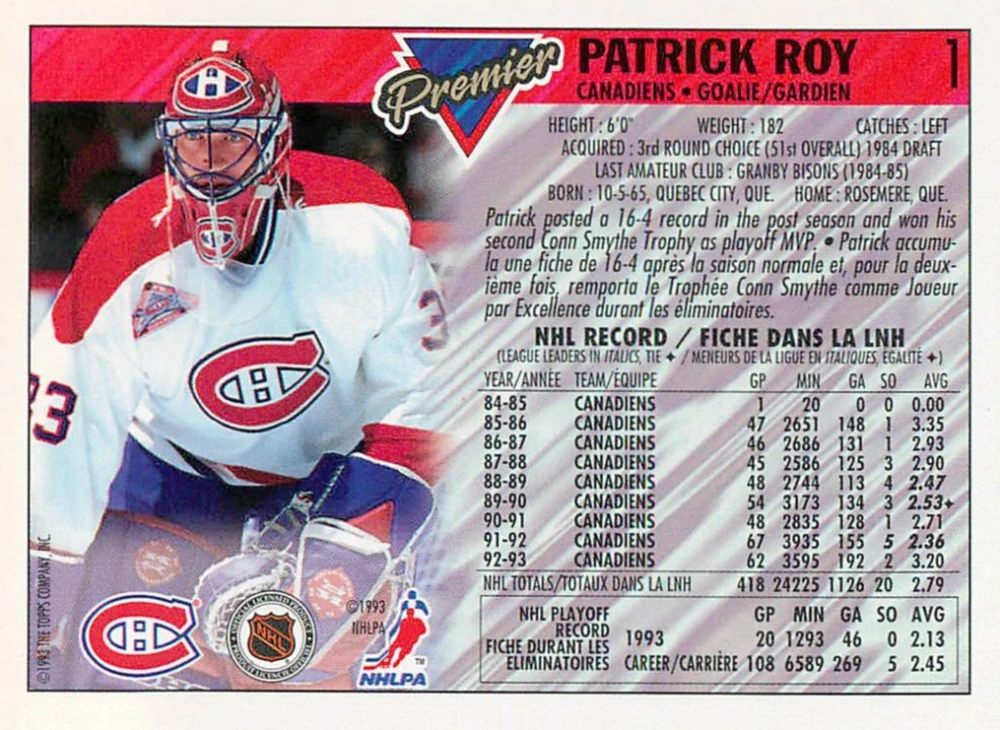 1993-94 O-Pee-Chee Premier - Patrick Roy - Gold #1
