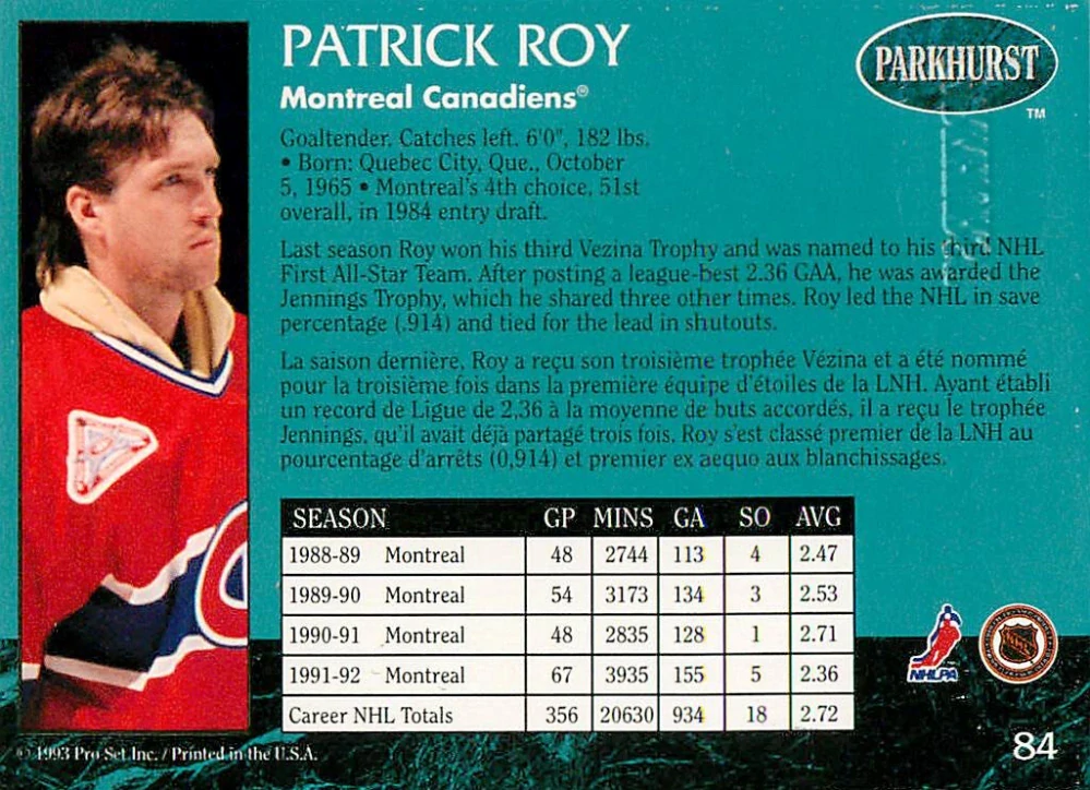 1992-93 Parkhurst - Patrick Roy - Emerald Ice #84