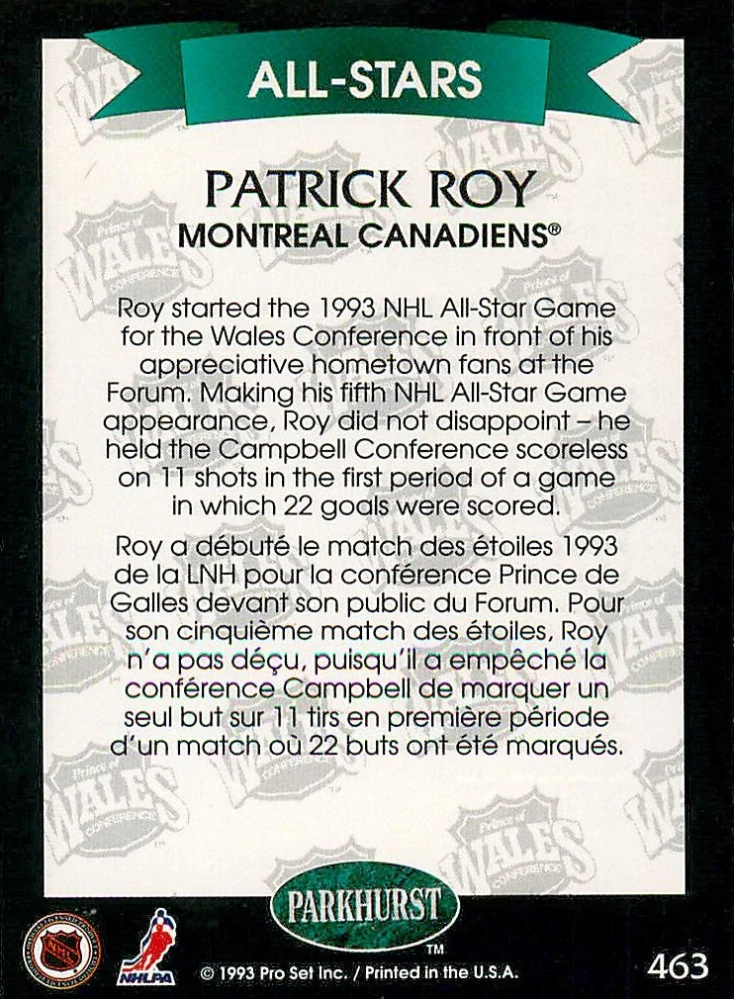 1992-93 Parkhurst - Patrick Roy - All-Star - Emerald Ice #84