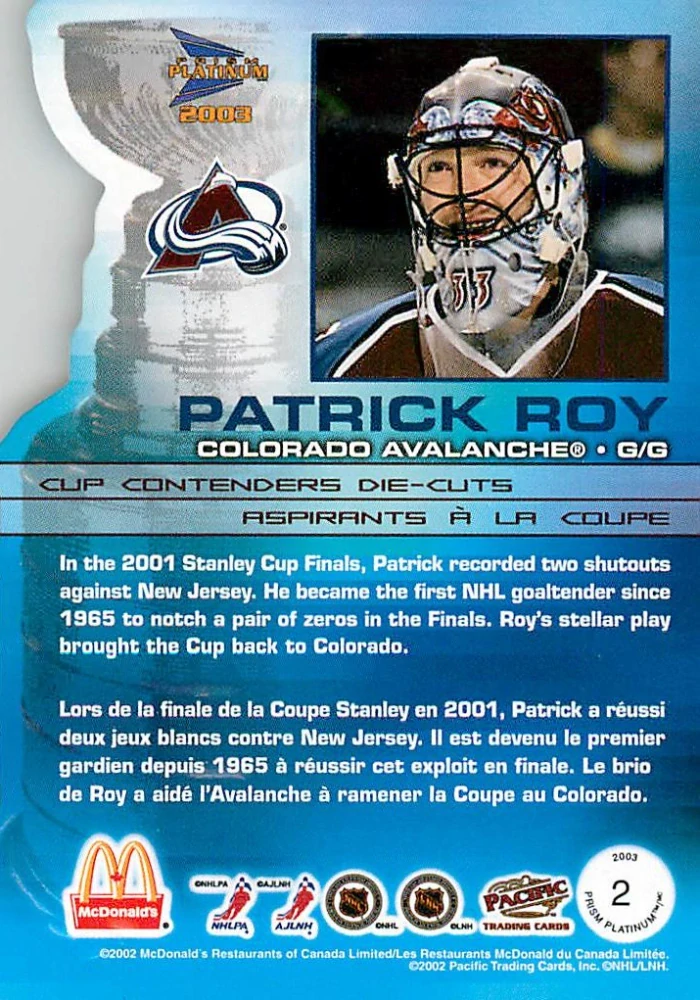 2002-03 Pacific Prism Platinum McDonald's - Patrick Roy - Cup Contenders #2