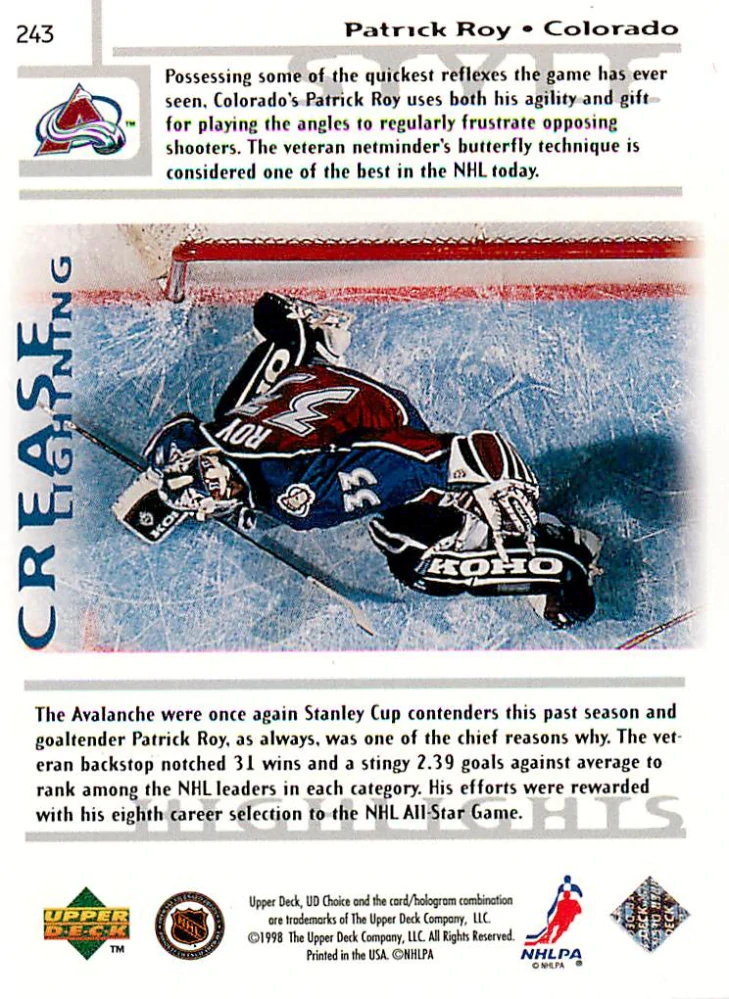 1998-99 UD Choice - Patrick Roy - Crease Lightning - Choice Reserve #243