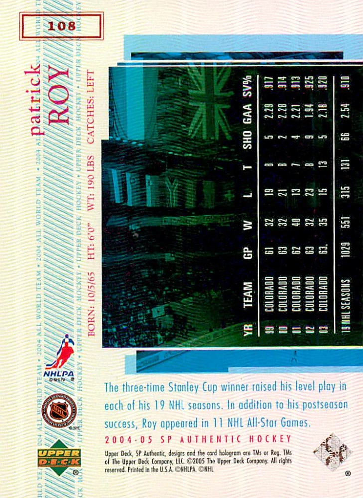 2004-05 UD SP Authentic - Patrick Roy - All World Team #108