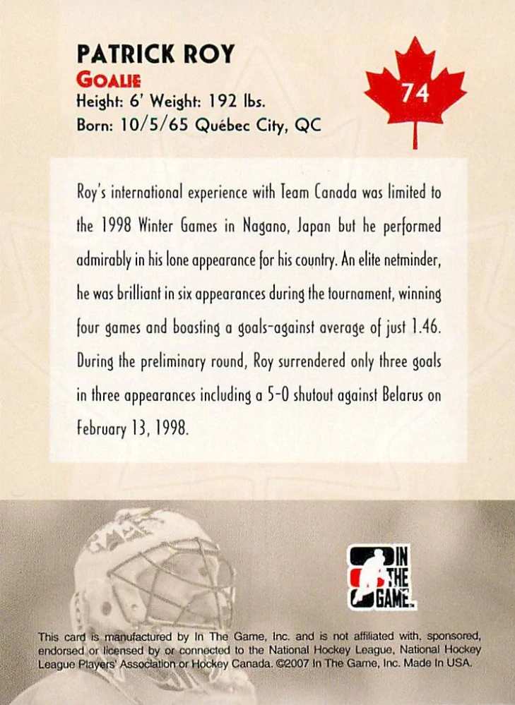 2007-08 ITG O Canada - Patrick Roy - Grads #74