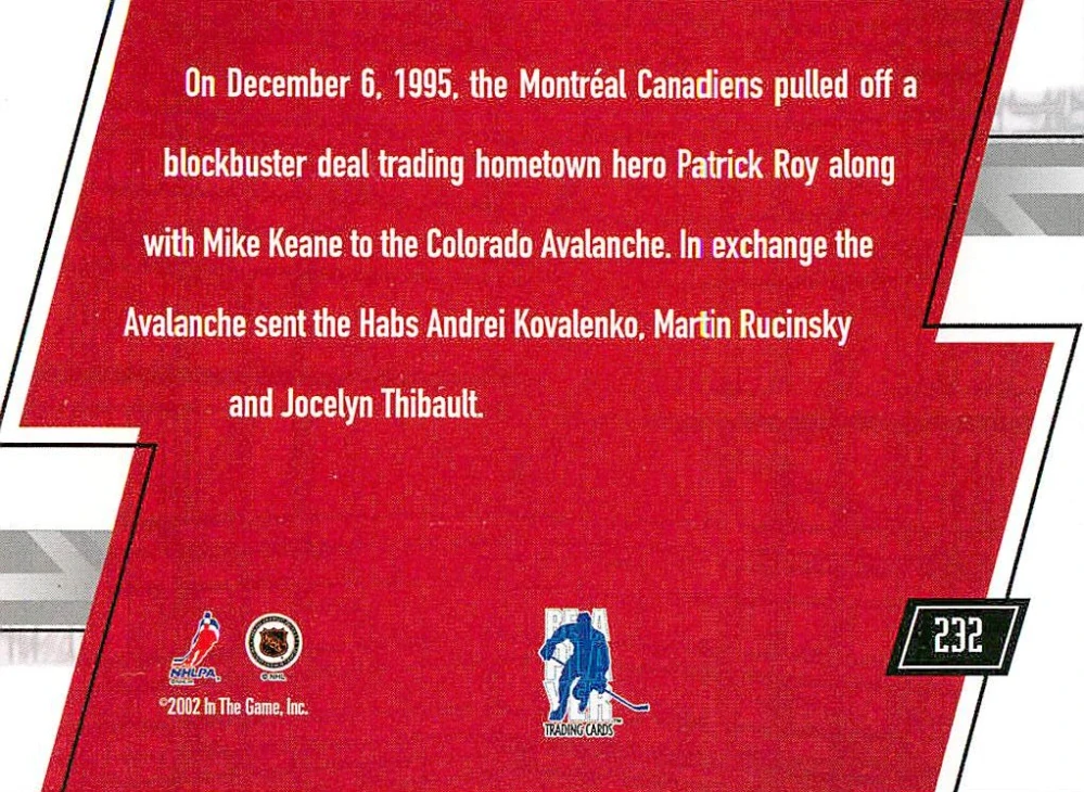 2002-03 ITG BaP Memorabilia - Patrick Roy, Jocelyn Thibault - Big Deal #232