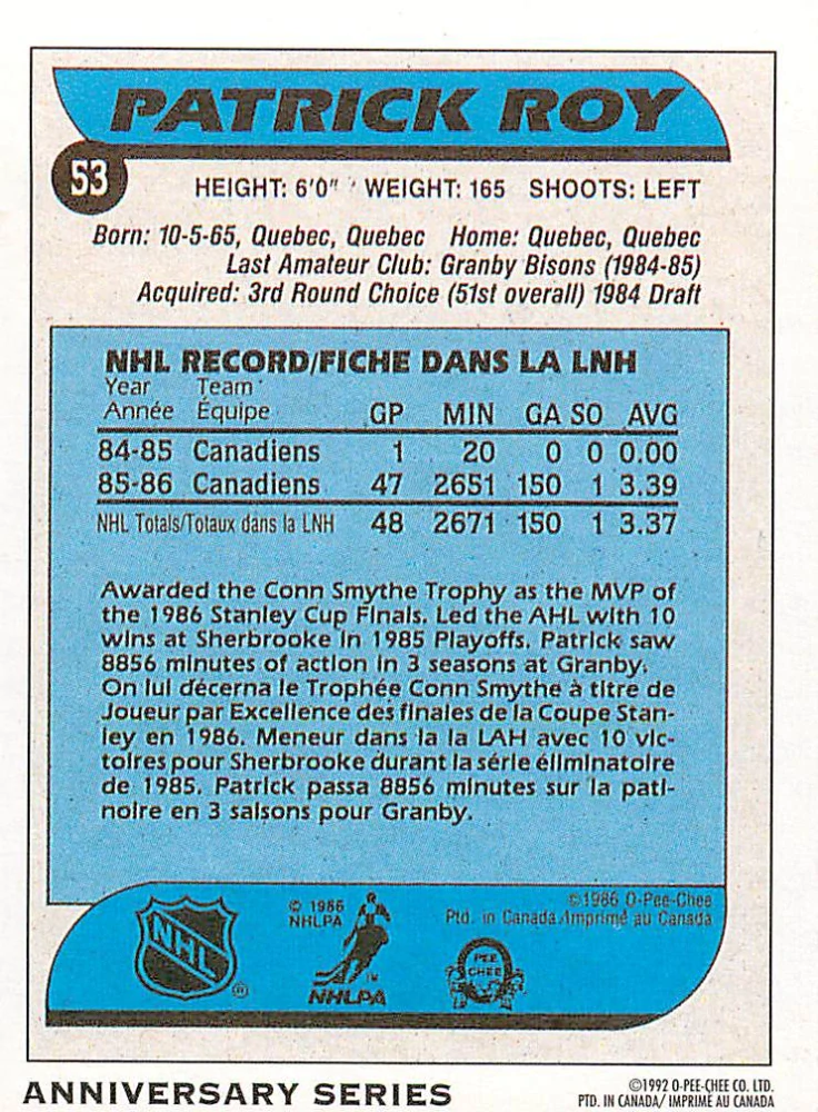 1992-93 O-Pee-Chee - Patrick Roy - Anniversary Series #53