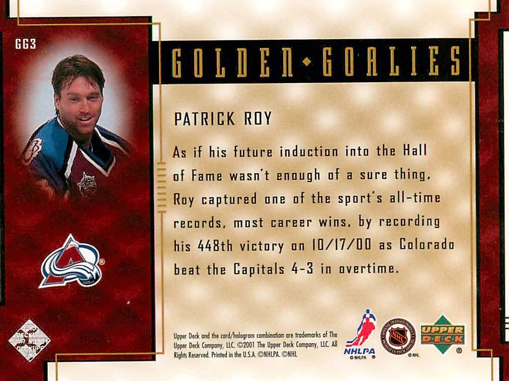 2000-01 UD Reserve - Patrick Roy - Golden Goalies #GG3