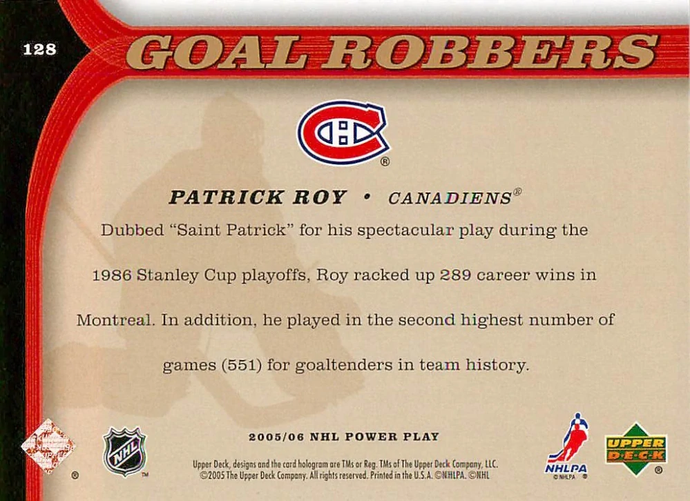 2005-06 UD Power Play - Patrick Roy - Goal Robbers #128