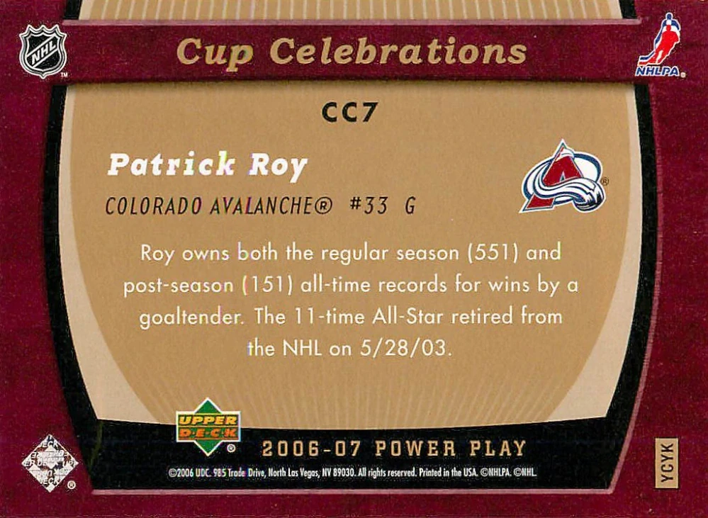 2006-07 UD Power Play - Patrick Roy - Cup Celebrations #CC7