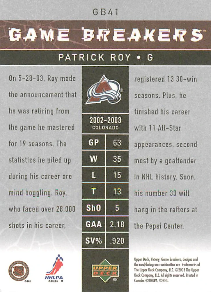 2003-04 UD Victory - Patrick Roy - Game Breakers #GB41