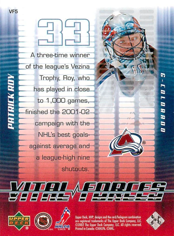 2002-03 UD MVP - Patrick Roy - Vital Forces #VF5