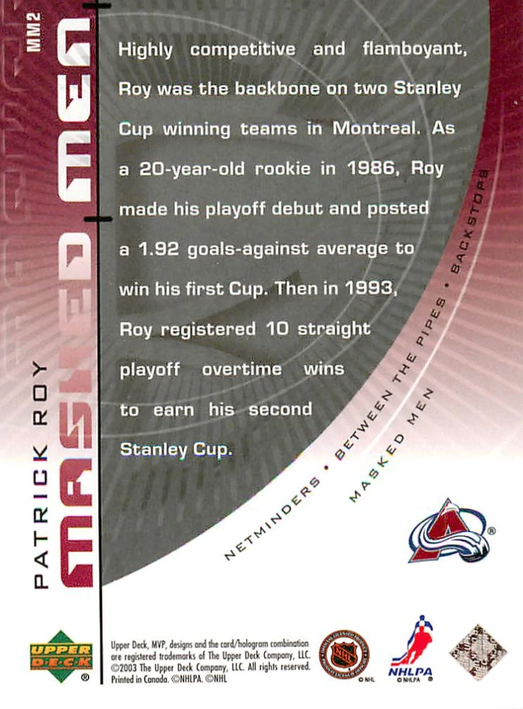 2003-04 UD MVP - Patrick Roy - Masked Men #MM2