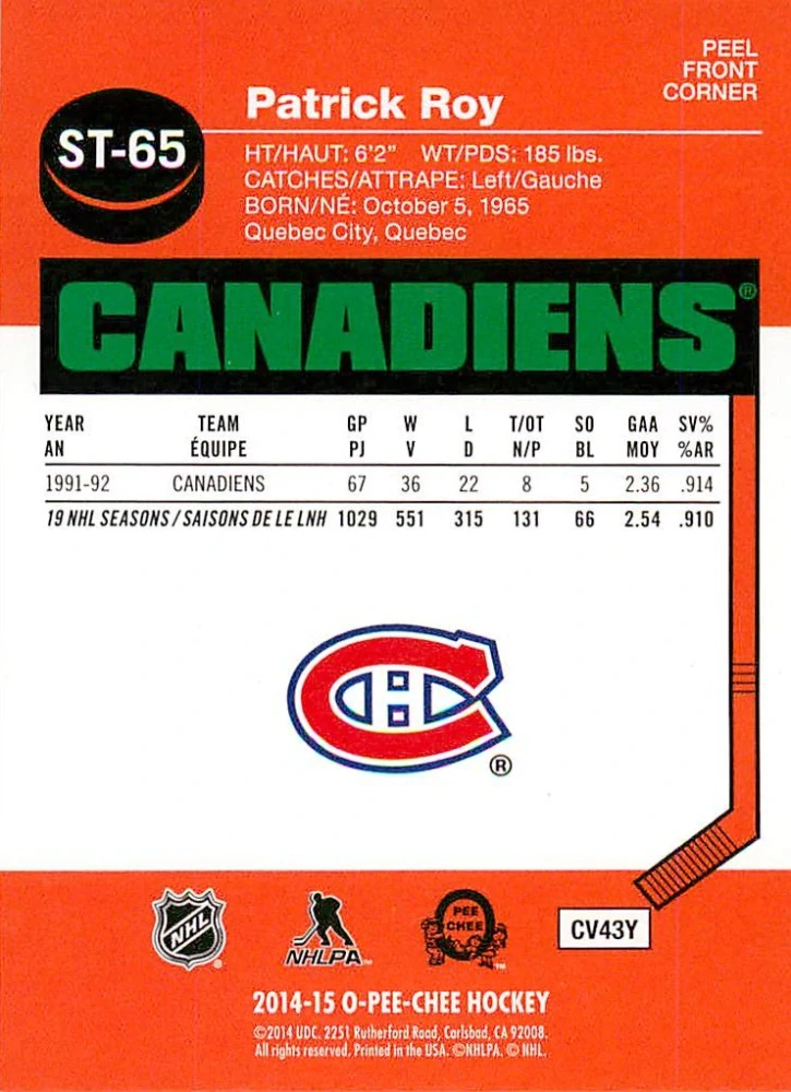 2014-15 UD O-Pee-Chee - Patrick Roy - Stickers #ST-65