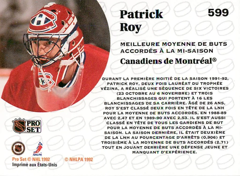 1991-92 Pro Set - Patrick Roy - Leader (French) #599