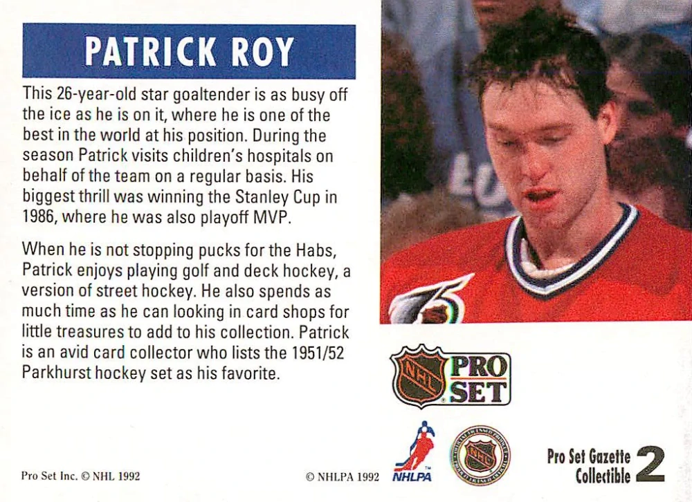 1992 Pro Set Gazette Promos - Patrick Roy #2