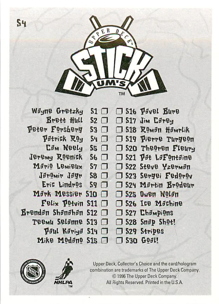 1996-97 UD Collectors Choice - Patrick Roy - Stick-Ums #S4