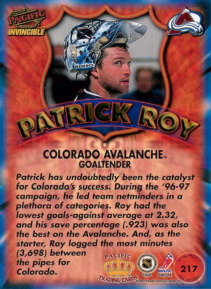 1997-98 Pacific Invincible - Patrick Roy - NHL Regime #217