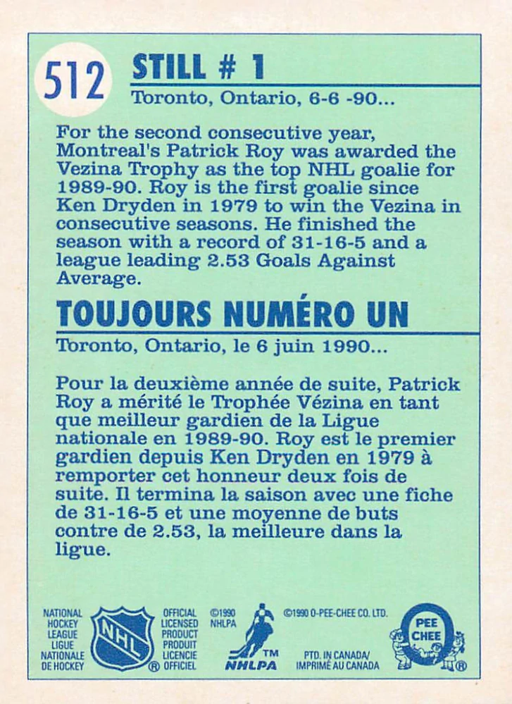 1990-91 O-Pee-Chee - Patrick Roy #512