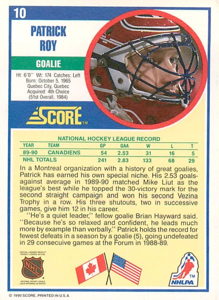 1990-91 Score - Patrick Roy (English) #10