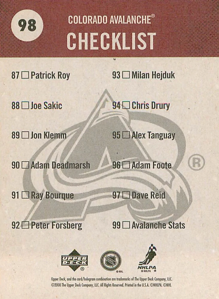 2000-01 UD Vintage - Colorado Avalanche - Checklist #98