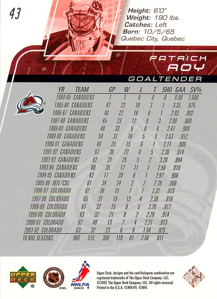 2002-03 UD Series 1 - Patrick Roy #43